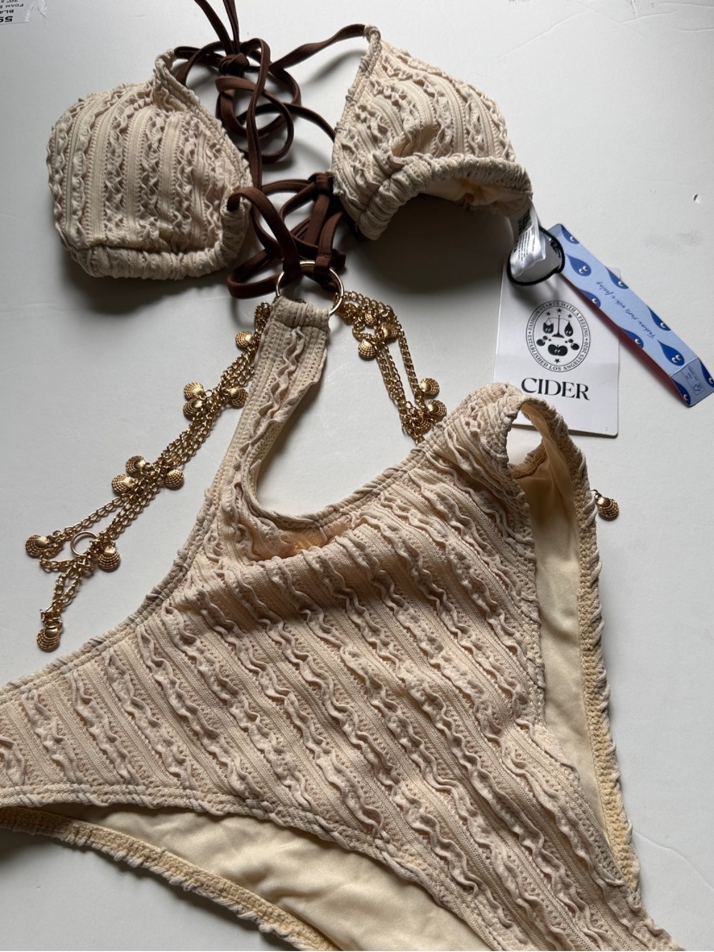Cider Cream Knit Bikini Set with Brown Straps and Gold Chain Trim - Picture 2 of 4